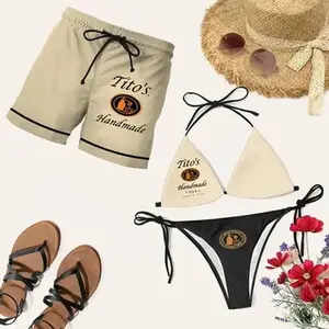 Tito's Handmade Matching Swimwear Set for Couples -Swim Bra & Tie Side Bikini + Men's Beach Shorts, Summer Vacation Swimsuit, Aloha Beach Outfit, Casual Holiday Bathing Suits, Menswear & Womenswear