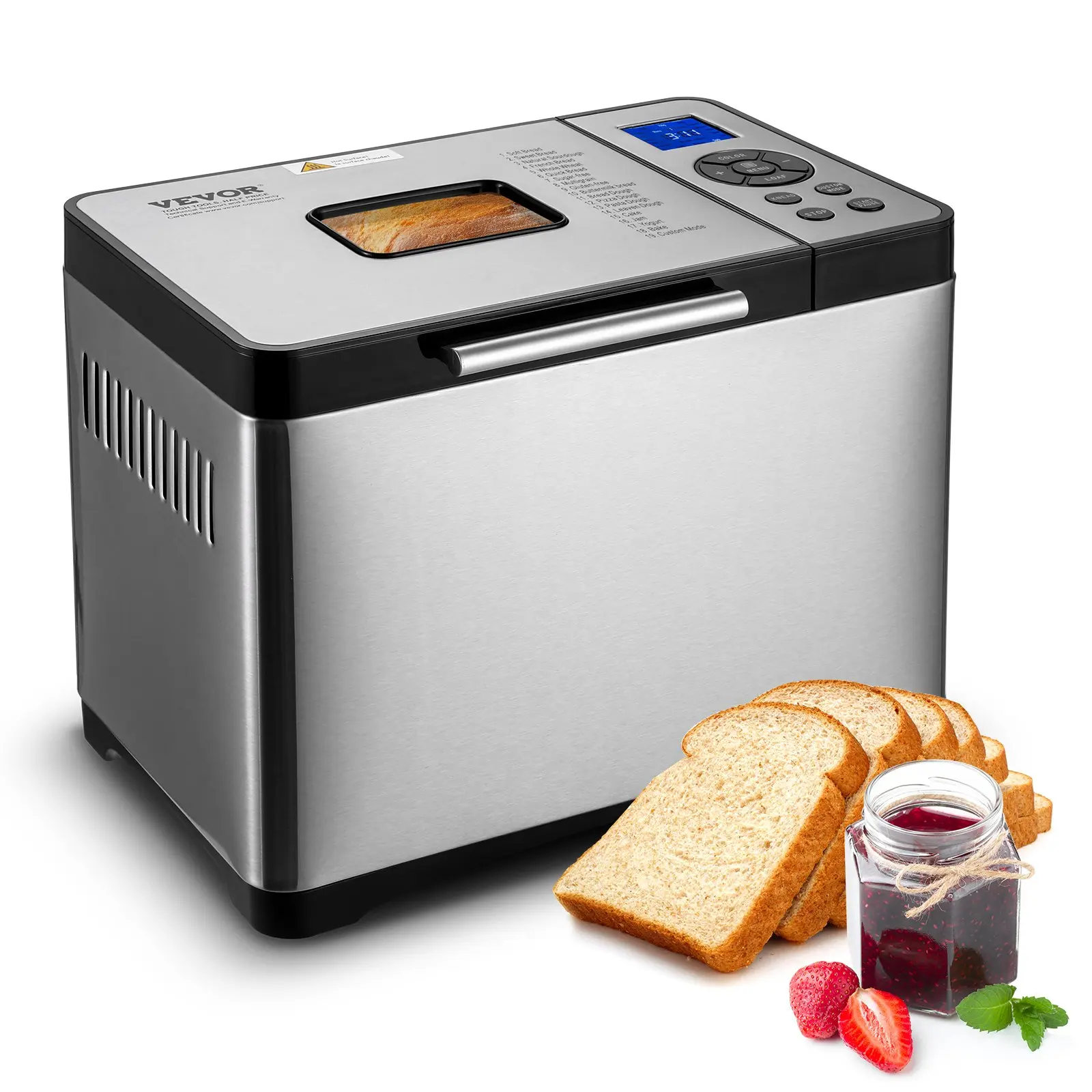VEVOR Automatic Bread Maker, 19-in-1 2LB Nonstick Ceramic Pan Dough Machine with Baking, Gluten-Free Set, 1-Hour Keep Warm, 15-Hour Reservation, 15-Minute Power-Off Memory, Digital Programmable, 3 Loaf Sizes, 3 Crust Colors, Vent, Corded, 15-Hour Smart Re