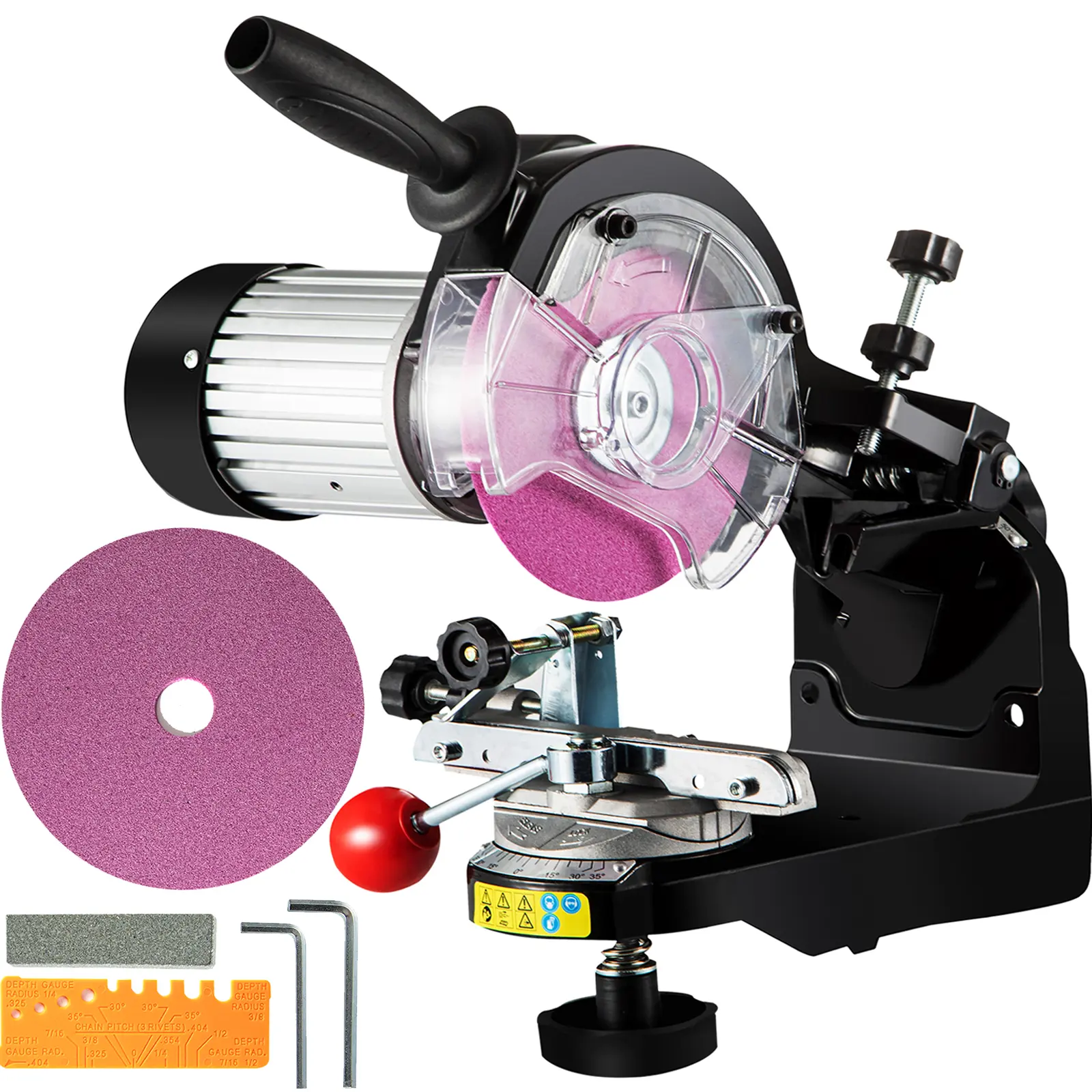 VEVOR Aluminum Body Electric Chainsaw Sharpener, 230W Professional Adjustable Angle Chain Grinder with 3000 RPM Motor, 5.5" Grinding Wheel, Anti-Slip Handle, Working Light, Chisel for 1/4"-2/5" & 0.404" Pitch Chains, Scratch-Proof, Multi-Angle