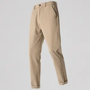 Men’s summer pants made of ice silk with slight stretch and elastane; slim fit, casual and comfortable, straight cut; trendy fashion, suitable for business/formal office wear; versatile solid color design with pockets; mid-rise waist with a half elastic w