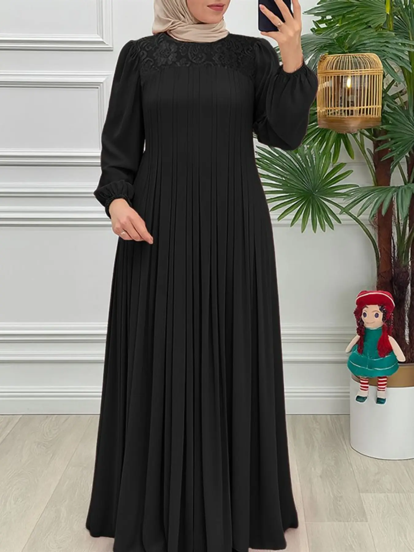 Women's Round Neck Long Sleeve Lace Patchwork Pleated Maxi Dress, Elegant A-Line Skirt, Perfect for Casual & Party Wear, Classy Modest Dresses, Modest Style, Islamic Clothes, Hijabi Cute Dresses, Islamic Muslim Clothing, Modesty Muslim Clothing