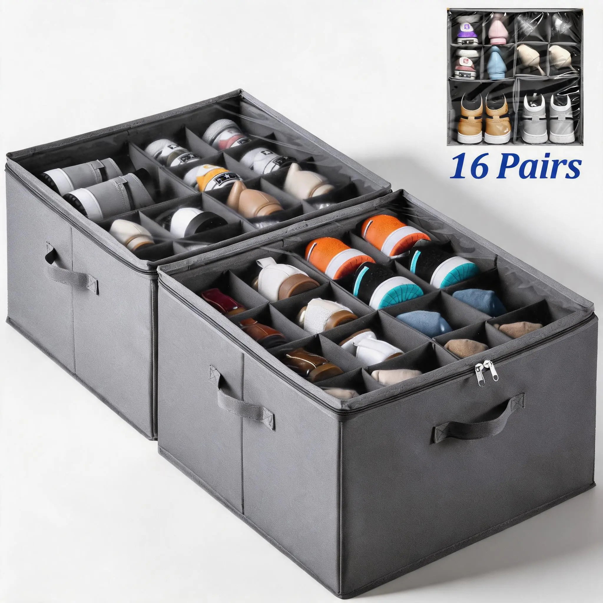 OKMARTS Fabric Closet Organizer - Clear-Lid Shoe Protector Storage Bins with Adjustable Dividers, Foldable Design, Maximized Storage for Living Rooms, Fits 8-16 Pairs (Dorm Essentials),Back To School Gift,Dorm Storage Ideas