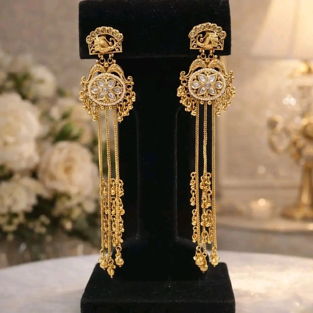 Intricate Detailed Kashmiri Gold Finish Earrings with Elegant Design and Long Tassels
