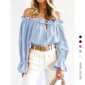 Danedvi Women's Floral Off The Shoulder Crop Top Puff Long Sleeve Tie Front Ruffle Blouse for Casual Wear