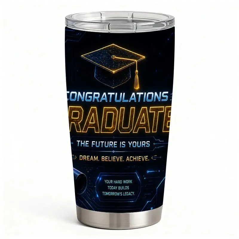 20oz Stainless Steel Graduation Cap & Diploma Futuristic Circuit Design Vacuum Flask Tumbler - Double Wall Insulated, Leak-Proof, Lid Included, Car Cup Holder-Fit, Versatile Drinkware for Graduates, Easy Filling & Cleaning, Backpack-Compatible Gift