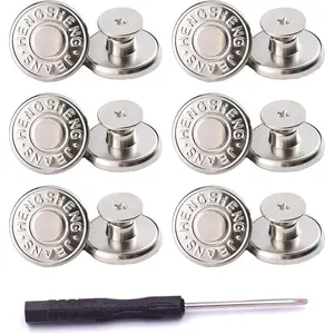 12 Sets  Jeans Buttons Replacement 17mm No Sewing Metal Button Repair Kit Nailess Removable Jean Buttons Replacement Combo Thread Rivets and Screwdrivers