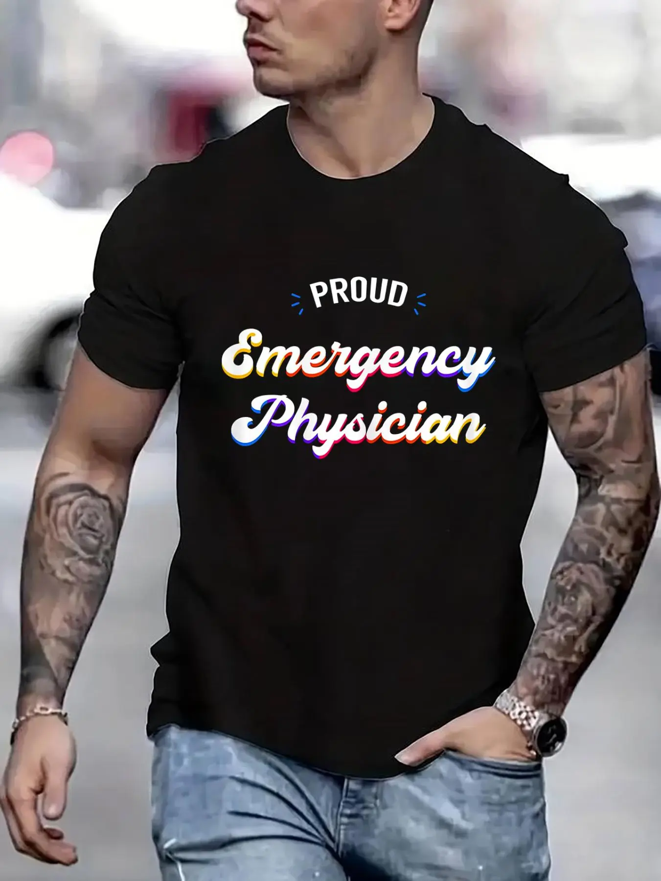 100% cotton Proud Emergency Physician Job Printed T-shirt, Short-sleeved Crew Neck Casual Top, Suitable For All Seasons, Men's Wear