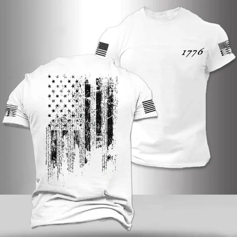 Men's American Flag Print Round Neck Tee, Regular Fit Casual Short Sleeve Crew Neck T-Shirt for Summer, Fashion Men's Top for Daily Wear Menswear