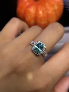 Solid S925 Sterling Silver Split Shank Square Baguette Halo Ring, Oval Millennium Cut Lab Grown Paraiba Tourmaline Vintage Art Deco Jewelry