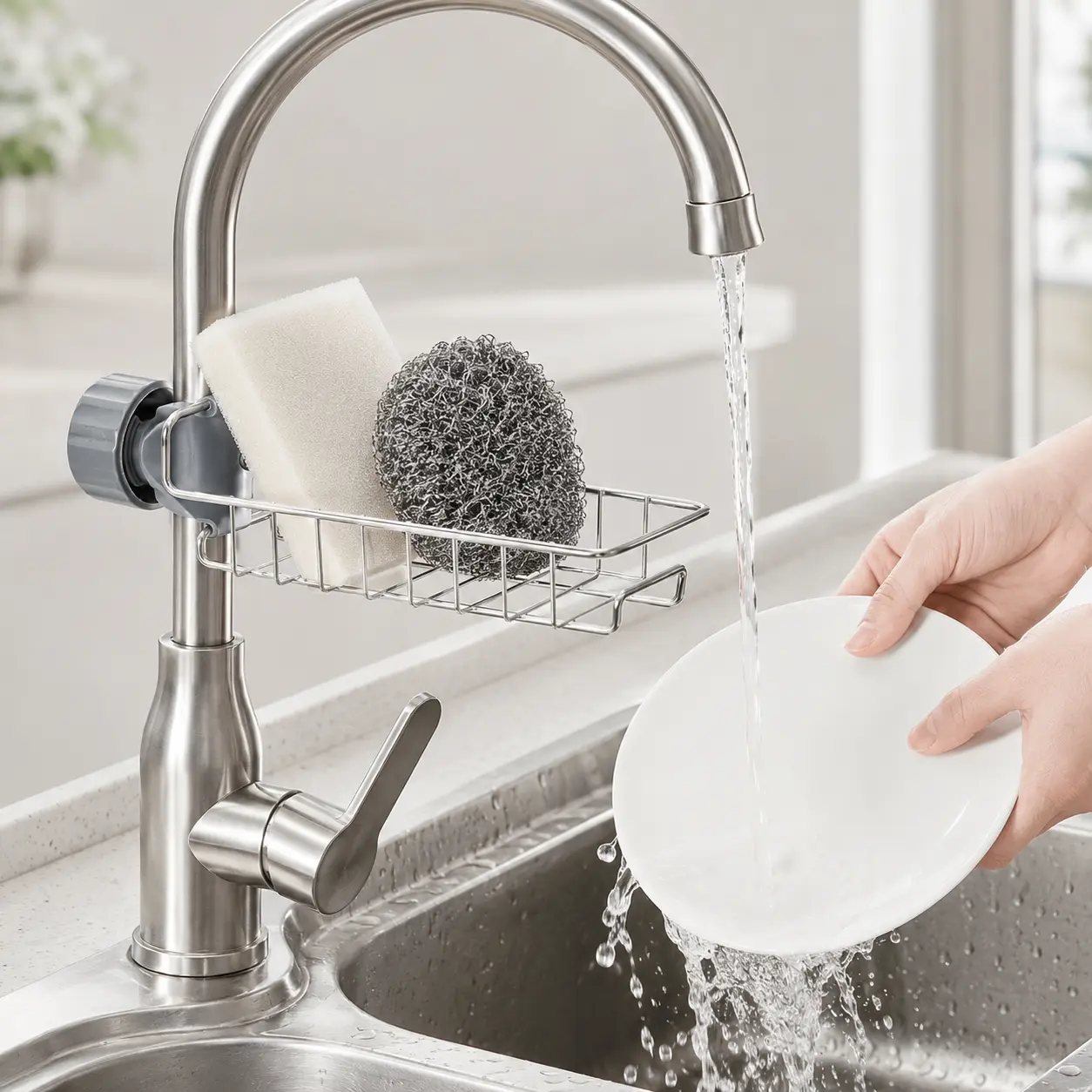 Stainless Steel Faucet Sink Organizer Basket, Adjustable Clamp Sponge Holder with Towel Bar & Side Hook, Fast-Draining Kitchen Caddy for Round Faucets