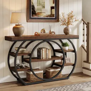 Tribesigns 47" 5-Tier Console Table for Living Room, Rustic Brown Narrow Entryway Sofa Table with Metal Frame