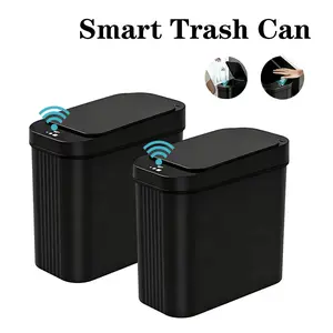 2 Pack Automatic Touchless Sensor Trash Cans with Lid, Slim Waterproof Small Smart Garbage Bins for Bathroom, Bedroom, Office & Living Room, Black
