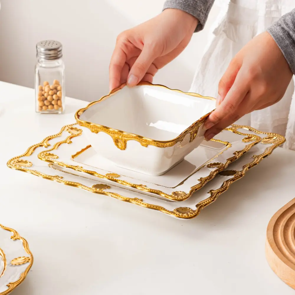 Luxury Gold Edge Bowl Set, Gold Dinnerware Sets, Plates and Bowls Sets, Includes Dinner Plate Dessert Plate Salad Bowl, Dishwasher Safe Microwave Safe, Perfect Gift for Parties