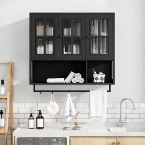 35.64*10.24*32.48 Inch Black Modern Wall Mounted Storage Cabinet, MDF Fluted Tempered Glass Wall Cabinet with Towel Rack Removable Shelf, 22LB Per Layer Multi-Grid Home Organizer Easy Assembly, Glass Wall Cabinets, Multi-Functional Wall Cabinets