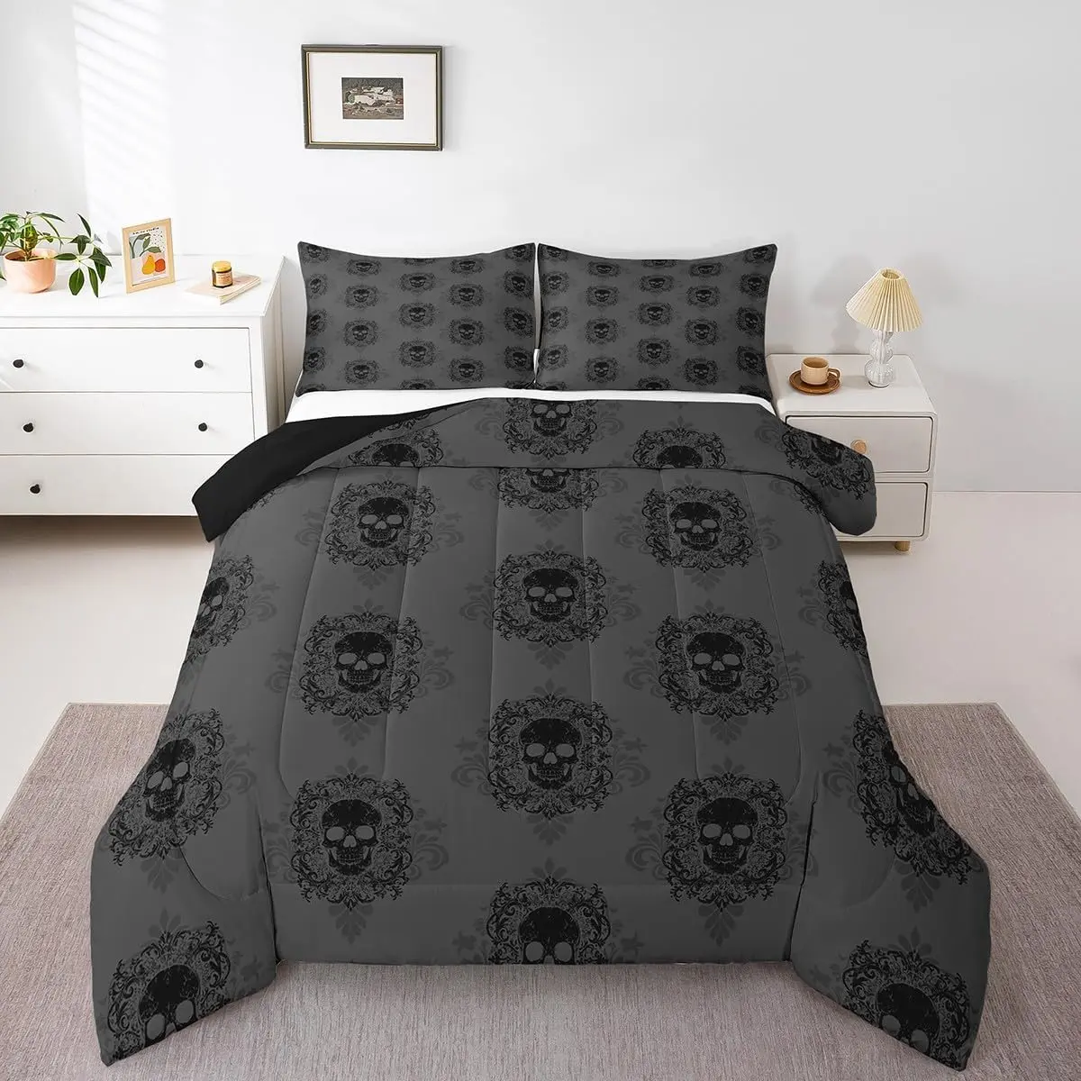 Feelyou Grey Black Damask Print Bed Comforter Sets - Polyester Gothic Halloween Bedding, Lightweight Warm Travel-Friendly Skeleton Quilt Duvet Insert for Teens (Multi-Size)