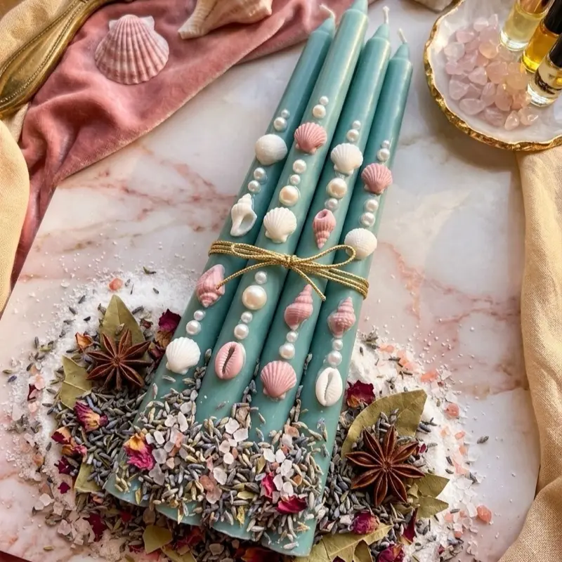Sea Shell Candles with Pearls & Lavender - Teal Wax Candles with Seashells, Pearls, and Herbal Accents - Decorative Home Decor