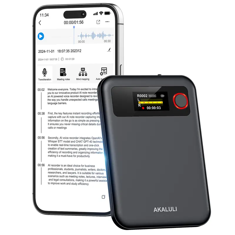 AKALULI Mini Portable Bluetooth Digital AI Voice Recorder (L816-64GB Grey) - 480H Dual-Mode Recording Set, 1-Touch Operation, Call & Note Capture, Accurate Transcription & Summary, Screen Display, App Control, Audio Playback, Voice Changer for Business