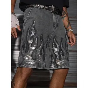 Men's Grey Wash Rhinestone Flame Denim Shorts, Streetwear Jorts,Cotton Comfortable  Jeans,Ideal for night outings, music festivals, streetwear gatherings, and trendy casual wear