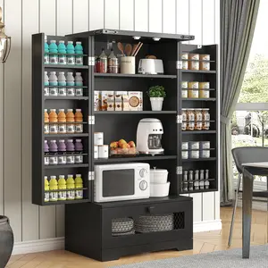Farmhouse Style Multifunctional Floor Pantry Cabinet - Fiberboard Construction, Adjustable Shelves, Drawer, Spacious Storage, Easily Assemble Buffet Sideboard for Kitchen, Dining Room