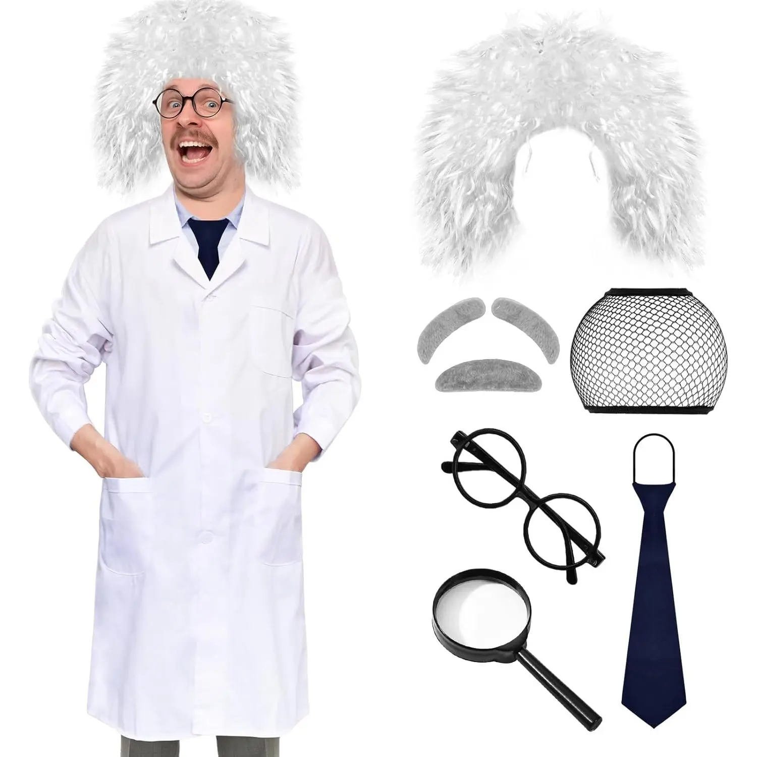 Men's Mad Scientist Costume, 8-Piece Einstein Style Halloween Clothes with Lab Coat & Wild White Wig for Adults, Menswear