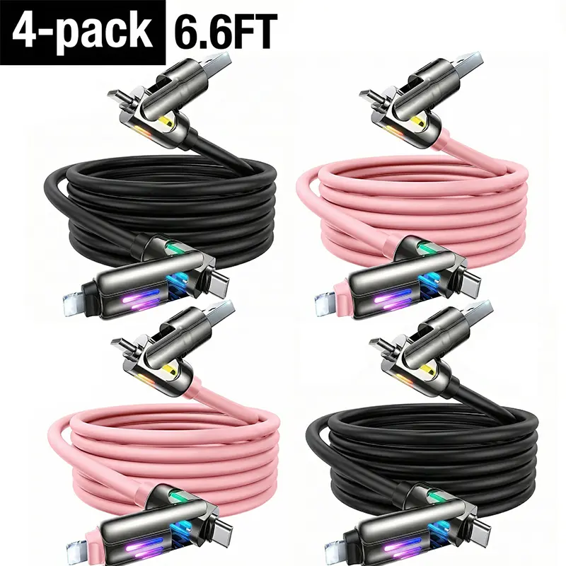 4-Pack Silicone 6.6 ft 4-in-1 USB-C Cable - 240W Max Super Fast Charging, Waterproof RGB Multi-Functional Type C Charging Cord for iPhone 16, MacBook, Kitchen Specialty Gadget Accessory (Travel Use), 6.6 Ft Length
