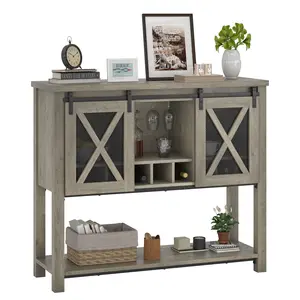 Farmhouse Sideboard Buffet Cabinet with Sliding Barn Doors – Coffee Bar Console Table Featuring Open Storage Shelf & Wine Racks, Entryway Table for Kitchen, Dining Room, Hallway