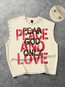 Fear god only slogan, loose fitting vest for men and women, letter printed vest, Metallic foil short vest, aesthetic Geometric, summer clothes, Streetwear, European and American street fashion brand vest, men's Y2K summer vest, 2026 new vest, GOD