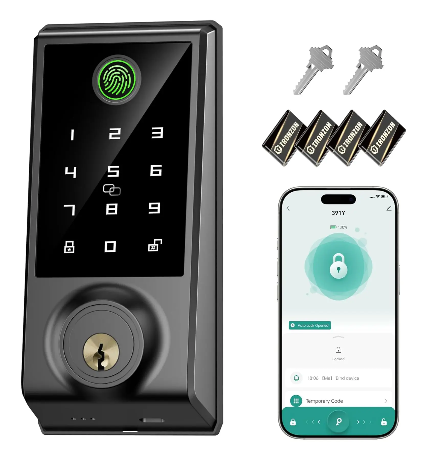IRONZON Lockable Smart Door Lock, 5-in-1 Keyless Entry Touch Sensor Deadbolt - Fingerprint, Passcode Keypad, App Control, IC Cards, Physical Backup Key - Auto-Locking, Permanent & Temporary Codes for US Front Door, Garage - Smart Home Gadget
