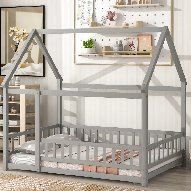 [Bellemave]Full Size House Floor Wooden Bed with Roof Frame, Safety Guardrails