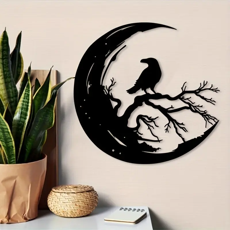 1 retro Gothic style black cat and black bird metal wall - rust proof iron full moon and branch wall decoration, deep and elegant home and office decoration, spreading black cat, horse gift for women, living room wall decoration, metal wall decoration