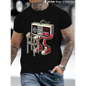 100% Cotton Men'S And Boys Retro Gaming Pattern T-Shirt - Fun Old Video Game Console Design, Black Casual T-Shirt With Red Sneakers And Cable Detail, Short Sleeves, Crew Neck, Machine Washable Gift T-Shirt For Men And Women