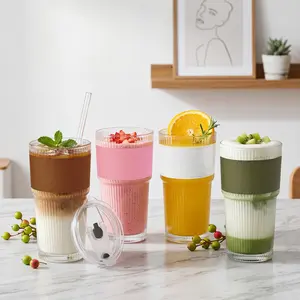 Ribbed Glass Tumbler with Lid & Straw, 20oz 4-Pack, Iced Coffee Cups Set – Reusable Smoothie & Bubble Tea Glasses, Includes Silicone Sleeves, Dishwasher Safe