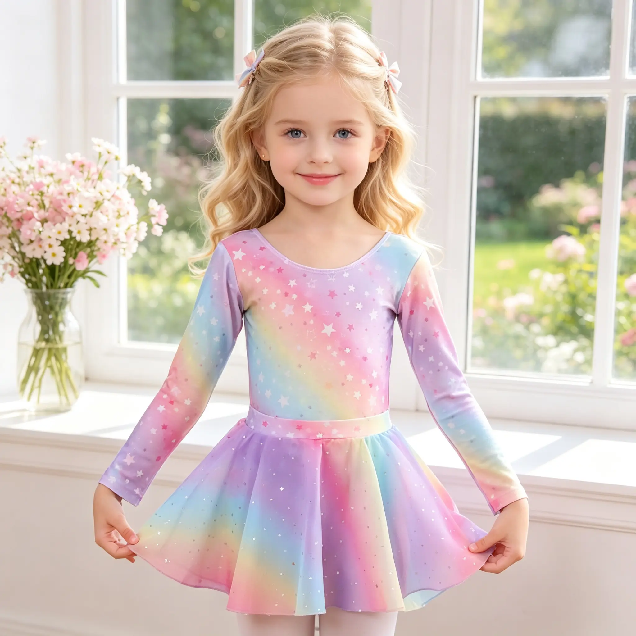 Girls Long Sleeve Ballet Leotard Tutu Dress, Rainbow Gradient Star Sparkly Glitter Dance Costume for Toddler Little Girls, Gymnastics Outfit for Ballet Class Recital Dress‑up Party