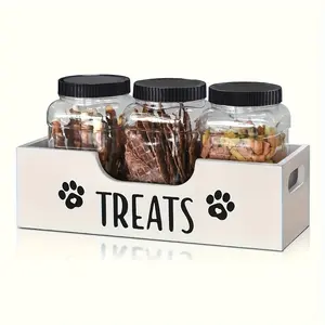 1x Rustic-Style Pet Storage Box with Paw Print Pattern – Holds 3 Jars – Easy-to-Clean Surface – The Perfect Gift for Dog Owners and Pet Lovers – Faux Wood-Grain Countertop Organizer featuring a Vintage Wooden Look and Sturdy Construction