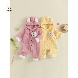 0-12 Months Toddler Winter Plush Snowsuit, Bunny Design Zip Up Full Length Romper Long Sleeve Warm Bodysuit with Hood