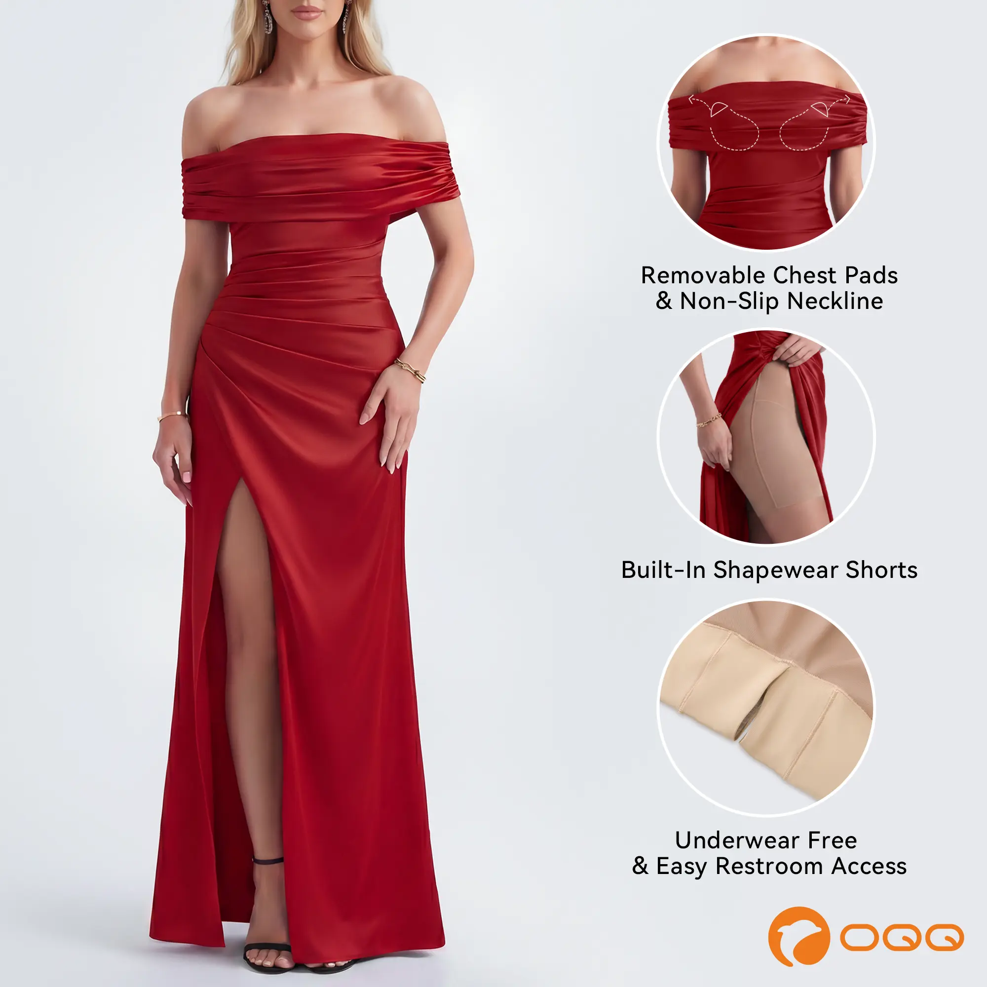OQQ Formal Wedding Guest Dress in Stretch Satin, Women's Ruched Off-Shoulder Bodycon Gown with High Slit and Built-in Shapewear, Wedding Dresses Guest, Party Fit, Black Tie, Outfit Of The Night, Bodycon Cut, Birthday