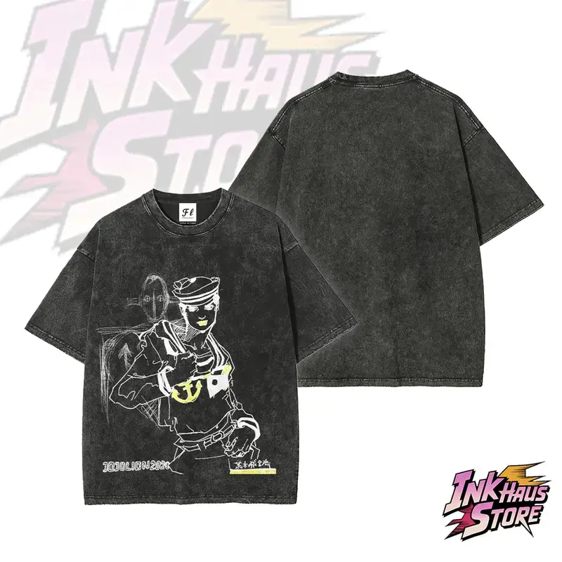 Josuke Higashikata T-shirt and his stand “Soft & Wet” JoJolion (JoJo's Bizarre Adventure Part 8: The Gospel of JoJo) -- Short Sleeve Cotton Unisex Retro Acid Wash Tee