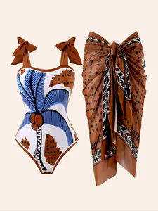 Women's Tropical Print One-piece Swimsuit & Summer Swimming Cover Up Skirt Set, Casual Fashion Swimwear Set for Beach Holiday Vacation, Ladies Swimsuit for All Seasons, Clothing, Swimsuit for Women, Bathing Suit Cover, Sheer Cover Ups, Swimwear Coverups