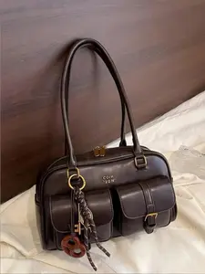 Sleek Solid Glossy PU Shoulder Bag (Bag for Purchase) - Classic Boston Bowling Silhouette, Roomy Multi-Pocket Space, Secure Zipper, Practical for Daily Outings, Outdoor Trips, with Delicate Pendant
