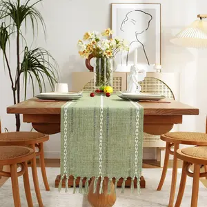 Rustic Farmhouse Style Linen Table Runner, Boho Handmade Tassel Embroidered, 48 Inches Long, Holiday Party, Christmas, Dining Decorations