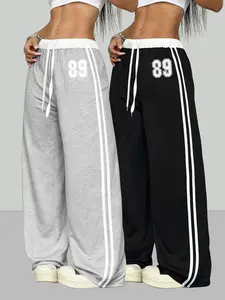 Two-Piece Women's Casual Spring/summer Digital Print Belt Patchwork Sporty Street Retro Style Lazy Sports Pants Striped Side Sweatpants