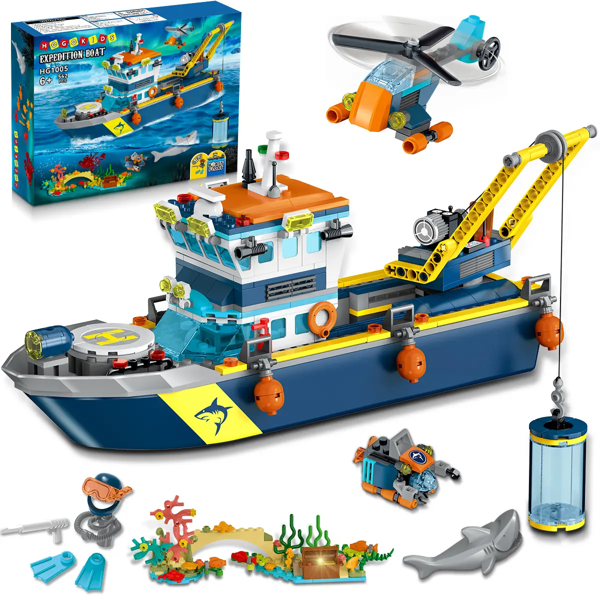 HOGOKIDS City Floatable Boat Set with LED Light, Arctic Explorer Block Kit with Helicopter, Submarine, Shark Cage & Crane, Scientific Laboratory, Marine Models, Magnetic Blocks for Kids 6+