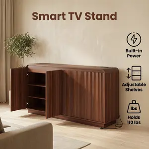 4-Door Fluted TV Stand with Power Outlet Handleless Wave Design Entertainment Center Adjustable 3-Tier Particle Board Storage Cabinet Multi-Functional Media Console Buffet Sideboard