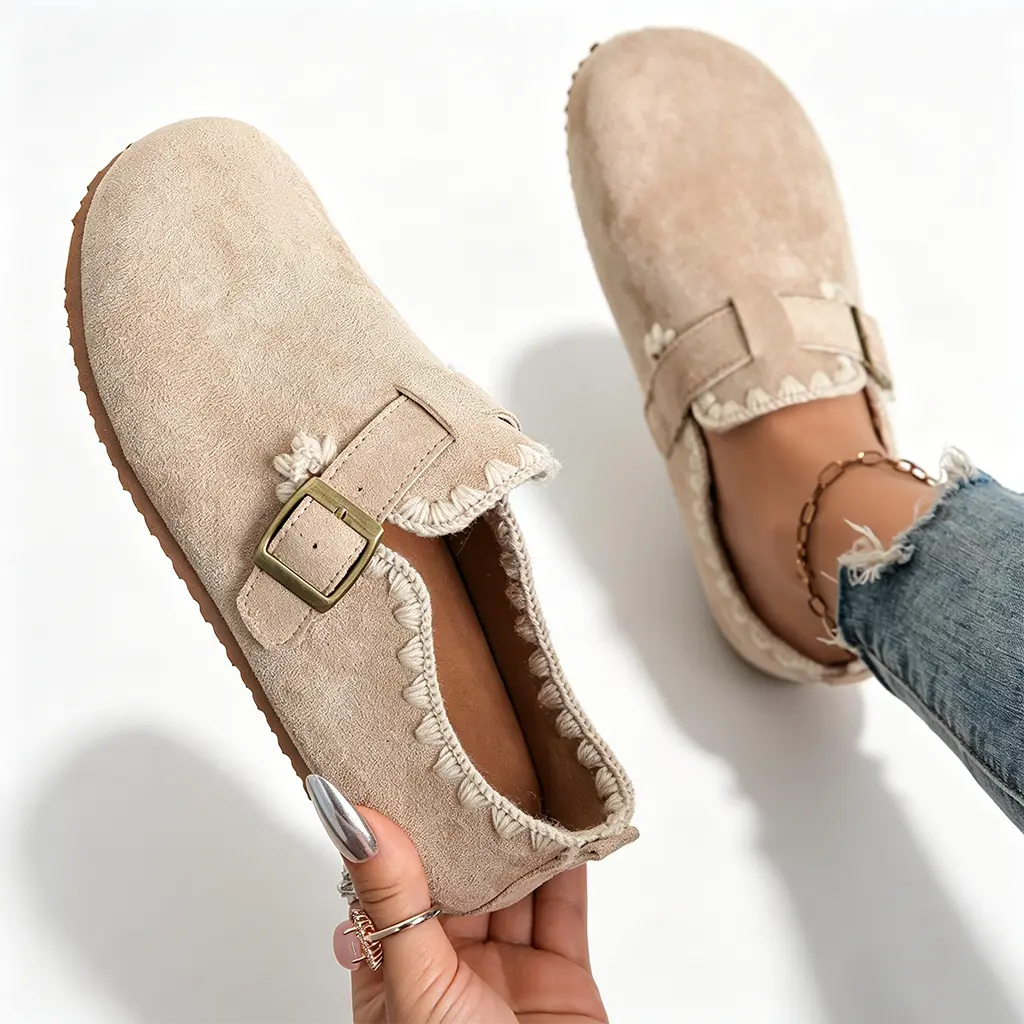 Women's Fashion Faux Suede Boho Pull-On Loafers - Flat Leather & Faux Leather Footwear with Crochet Braid Trim, Round Toe, Adjustable Strap, Cushioned Fabric, Low Heel, Rubber Sole for Casual Wear