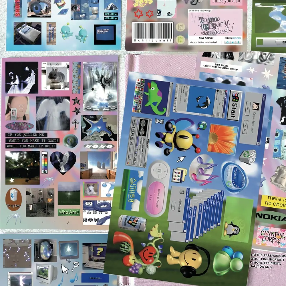 Dreamcore Nostalgia Permanent Sticker Sheets - 8 Sheets with Surreal Electronic, Goldfish Designs for Junk Journaling, Scrapbooking, Soft Focus Vintage Layered Collage