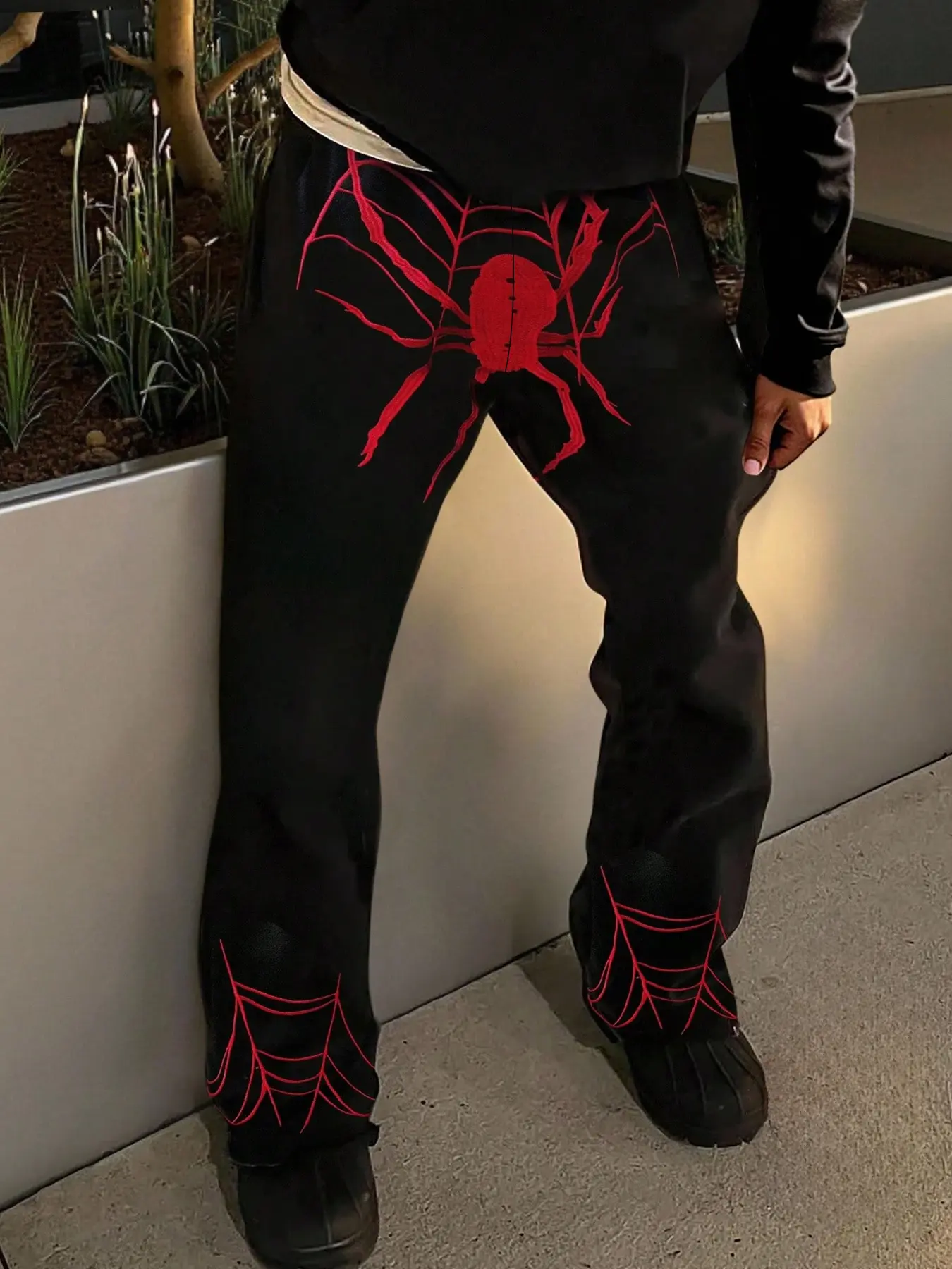 Men's Spider Pattern Loose Sports Pants, Knitted Sports Pants, Casual Sporty Pants, Casual Fitness Pants, Dark Y2K Street Style, Casual Daily Wear, Fall Winter, Streetwear & Party, Athleisure Style Bottoms