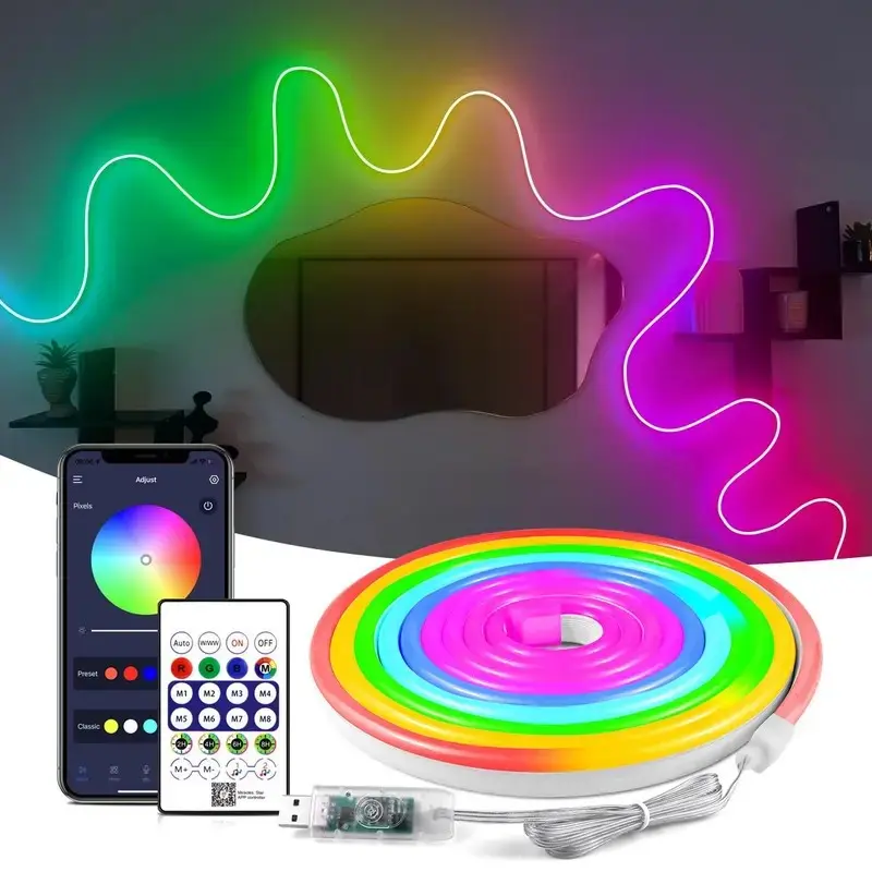 RGBIC Neon Rope Lights, 5M USB Powered Neon Light Strip with Segmented Multicolor Effects, Bluetooth App and Remote Control, Music Sync Lights for Bedroom, Gaming Room and Party Decor