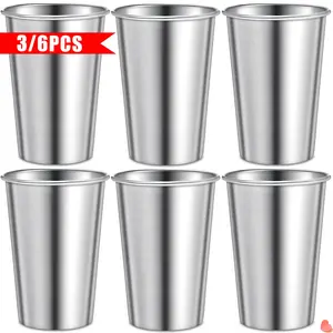 3/6pcs 16oz Metal Pint Cups, 304 Stainless Steel Tumblers, Shatterproof Cup Drinking Glasses, Stackable Durable Cup for Bar/Home/Restaurant/Outdoor/Picnic, Dishwasher Safe, Oktoberfest Essentials