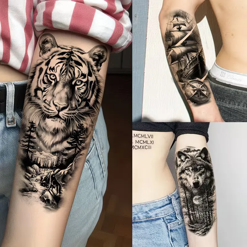 Temporary tattoo stickers, 36 sheets, unisex; 12 half-arm wolf, snake, and owl pattern fake tattoo stickers, suitable for arms, chest, shoulders, legs, and back; 24 mini black skull, lion, and tiger pattern tattoo stickers, suitable for adultsandteenagers