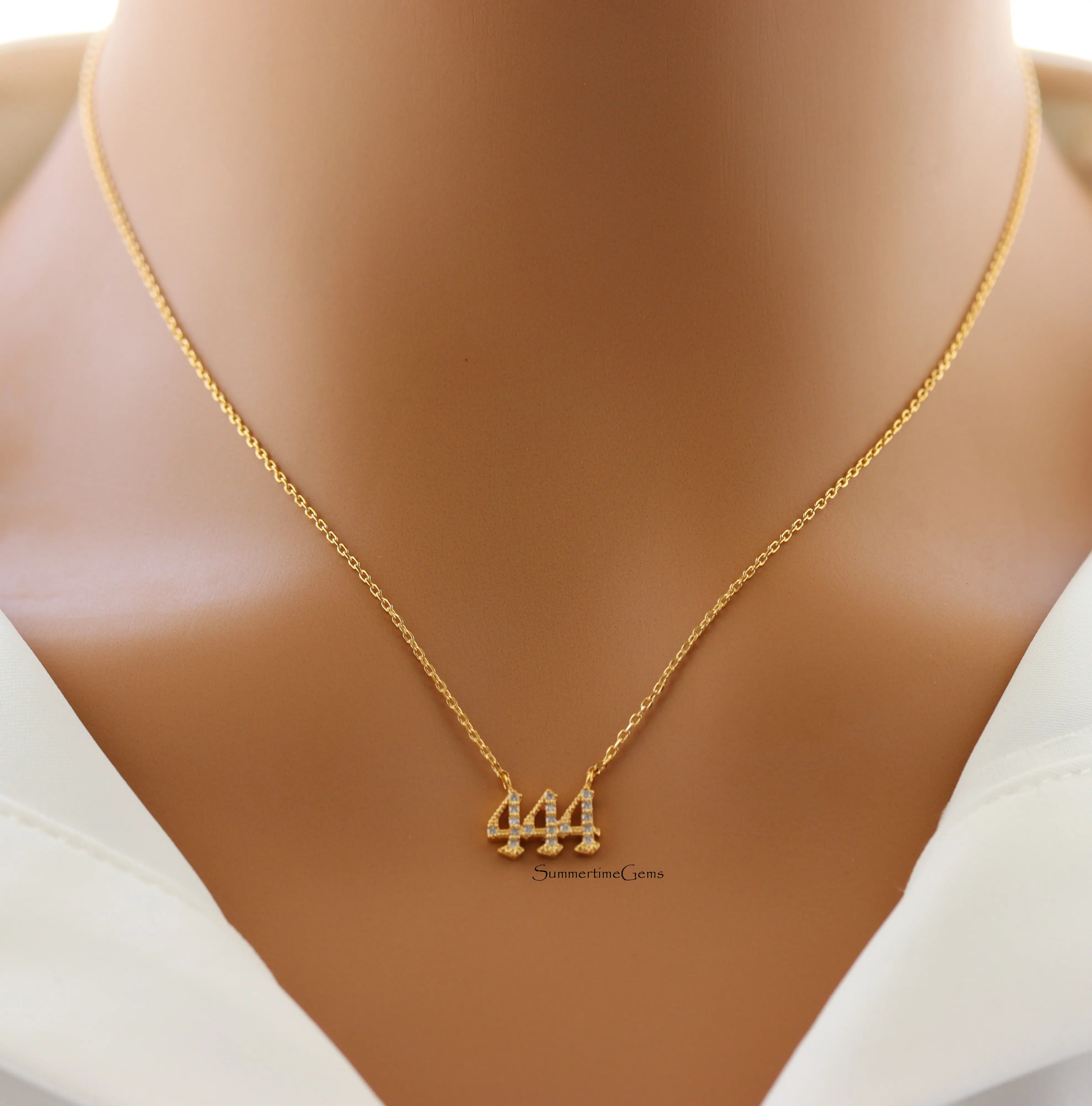 18K Gold Plated Pave Angel Number 444 Pendant Necklace – Spiritual Protection Jewelry